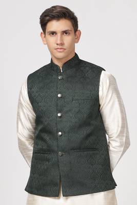Anny's Culture Sea Green Floral Pattern Polyester Wedding Nehru Jacket (Coti) 1