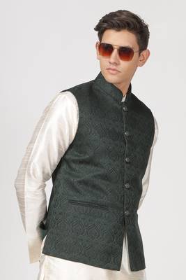 Anny's Culture Sea Green Floral Pattern Polyester Wedding Nehru Jacket (Coti) 4
