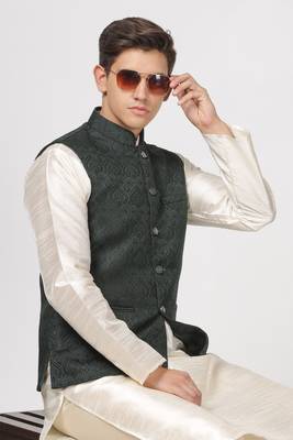 Anny's Culture Sea Green Floral Pattern Polyester Wedding Nehru Jacket (Coti) 5