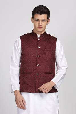 Anny's Culture Maroon Floral Pattern Polyester Wedding Nehru Jacket (Coti) 1