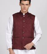 Anny's Culture Maroon Floral Pattern Polyester Wedding Nehru Jacket (Coti)