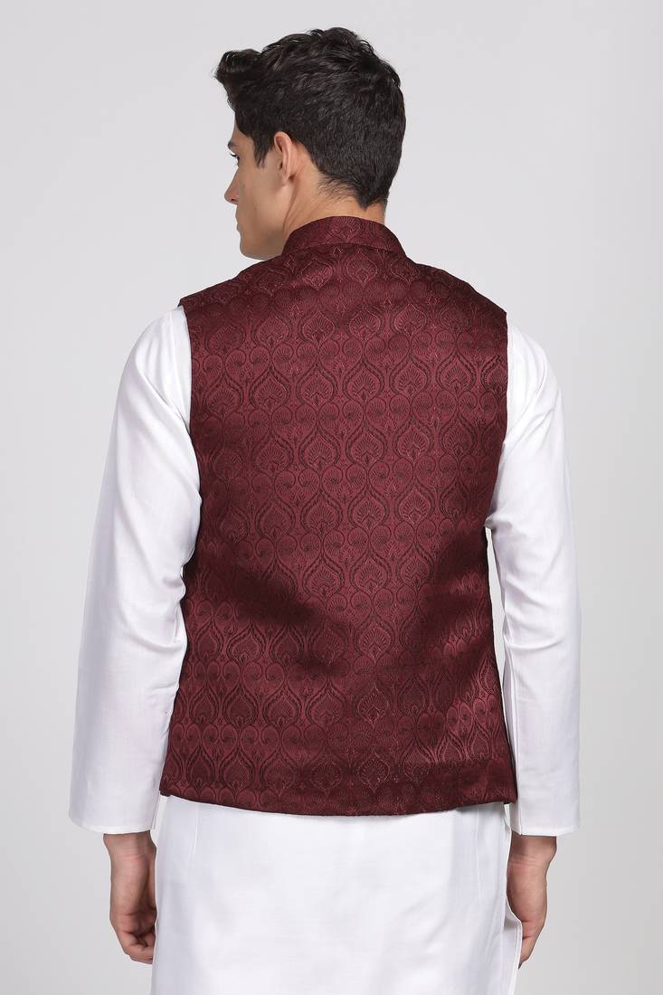 Anny's Culture Maroon Floral Pattern Polyester Wedding Nehru Jacket (Coti)