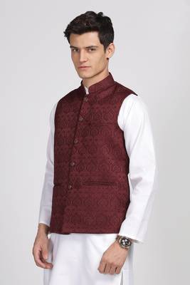 Anny's Culture Maroon Floral Pattern Polyester Wedding Nehru Jacket (Coti) 3