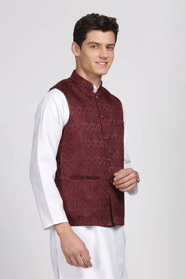 Anny's Culture Maroon Floral Pattern Polyester Wedding Nehru Jacket (Coti) 4
