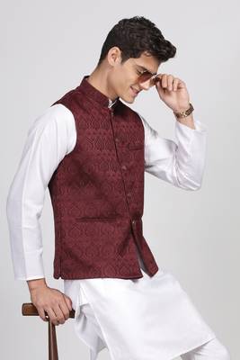 Anny's Culture Maroon Floral Pattern Polyester Wedding Nehru Jacket (Coti) 5