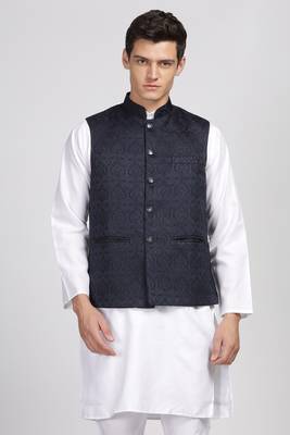 Anny's Culture Navy Blue Floral Pattern Polyester Wedding Nehru Jacket (Coti) 1