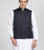 Anny's Culture Navy Blue Floral Pattern Polyester Wedding Nehru Jacket (Coti)