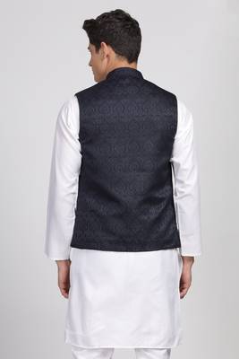 Anny's Culture Navy Blue Floral Pattern Polyester Wedding Nehru Jacket (Coti) 2
