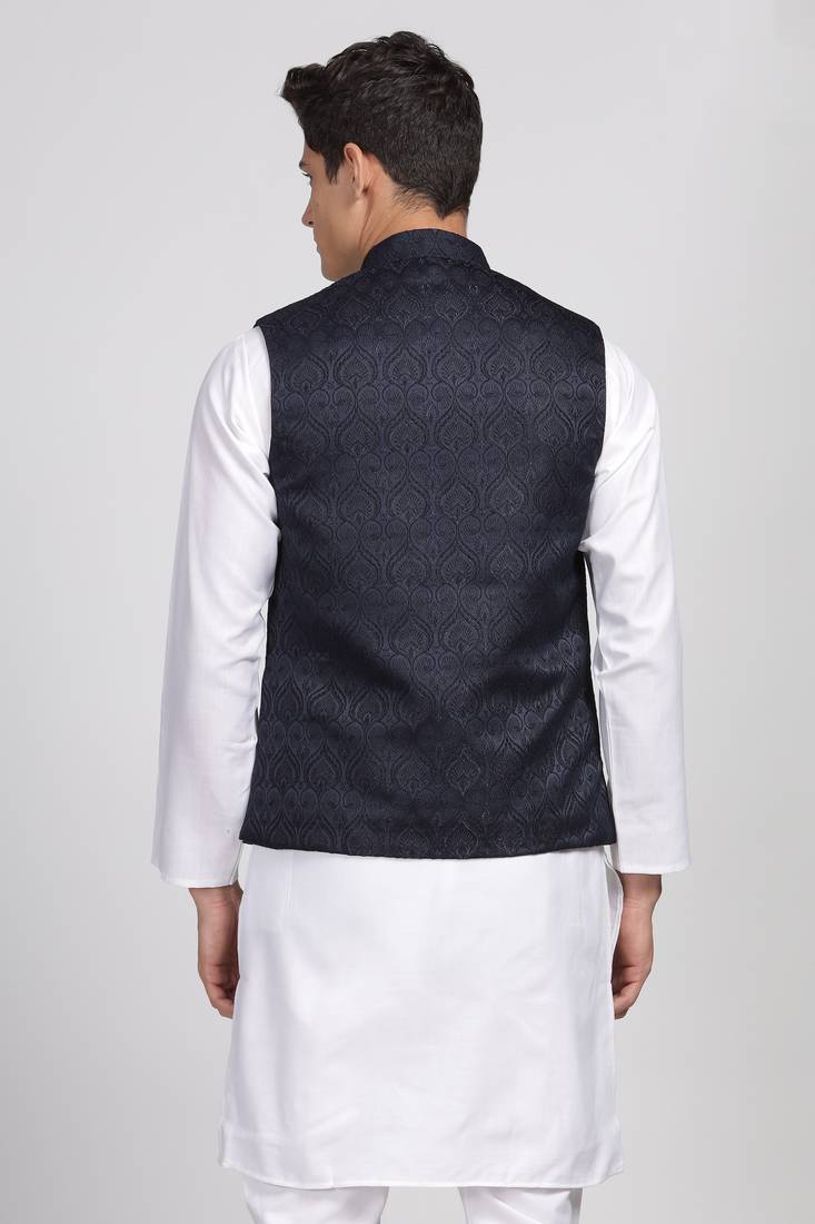 Anny's Culture Navy Blue Floral Pattern Polyester Wedding Nehru Jacket (Coti)