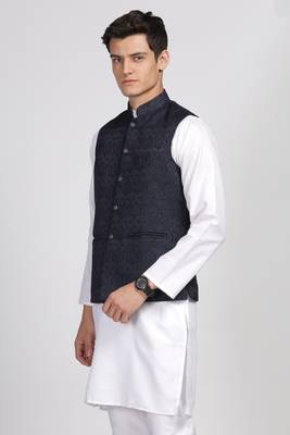 Anny's Culture Navy Blue Floral Pattern Polyester Wedding Nehru Jacket (Coti) 3
