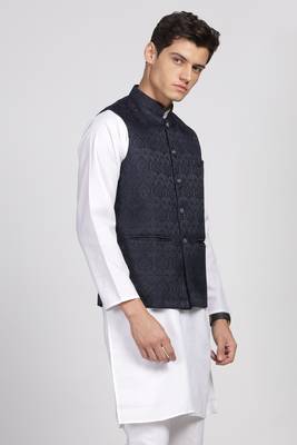 Anny's Culture Navy Blue Floral Pattern Polyester Wedding Nehru Jacket (Coti) 4