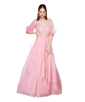 Featuring a Rose Pink Gown With Waist Cut Out And Puff Sleeve 1