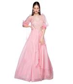 Featuring a Rose Pink Gown With Waist Cut Out And Puff Sleeve