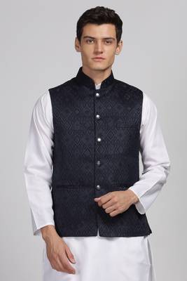 Anny's Culture Navy Blue Floral Pattern Polyester Wedding Nehru Jacket (Coti) 1