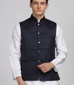 Anny's Culture Navy Blue Floral Pattern Polyester Wedding Nehru Jacket (Coti)