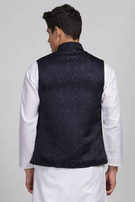 Anny's Culture Navy Blue Floral Pattern Polyester Wedding Nehru Jacket (Coti) 2