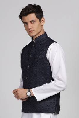 Anny's Culture Navy Blue Floral Pattern Polyester Wedding Nehru Jacket (Coti) 3