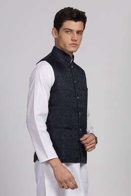 Anny's Culture Navy Blue Floral Pattern Polyester Wedding Nehru Jacket (Coti) 4
