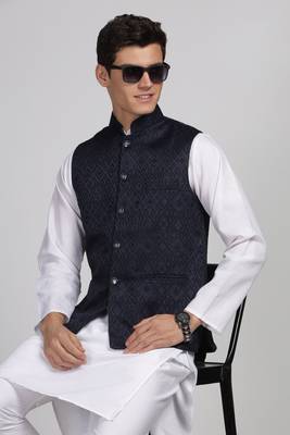 Anny's Culture Navy Blue Floral Pattern Polyester Wedding Nehru Jacket (Coti) 5