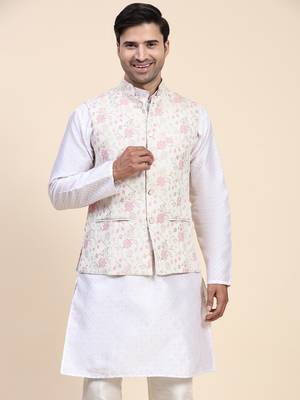 Anny's Culture Cream Floral Pattern Polyester Wedding Nehru Jacket (Coti) 1