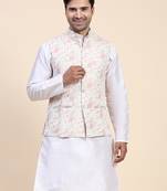 Anny's Culture Cream Floral Pattern Polyester Wedding Nehru Jacket (Coti)