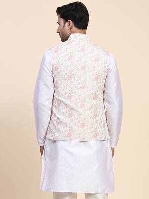 Anny's Culture Cream Floral Pattern Polyester Wedding Nehru Jacket (Coti) 2