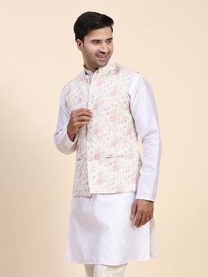 Anny's Culture Cream Floral Pattern Polyester Wedding Nehru Jacket (Coti) 3
