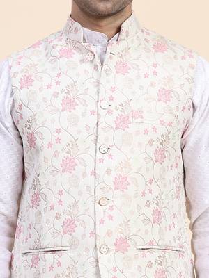 Anny's Culture Cream Floral Pattern Polyester Wedding Nehru Jacket (Coti) 4