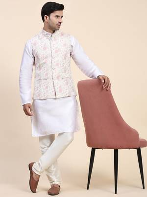 Anny's Culture Cream Floral Pattern Polyester Wedding Nehru Jacket (Coti) 5