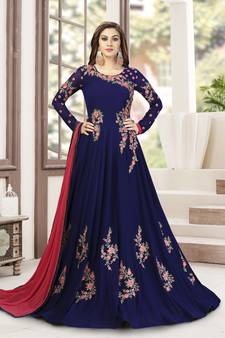 Blue Embroidered Anarkali Kurta Pant with Dupatta Salwar Suit Set