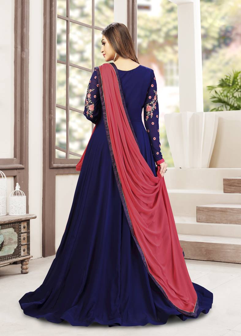 Blue Embroidered Anarkali Kurta Pant with Dupatta Salwar Suit Set