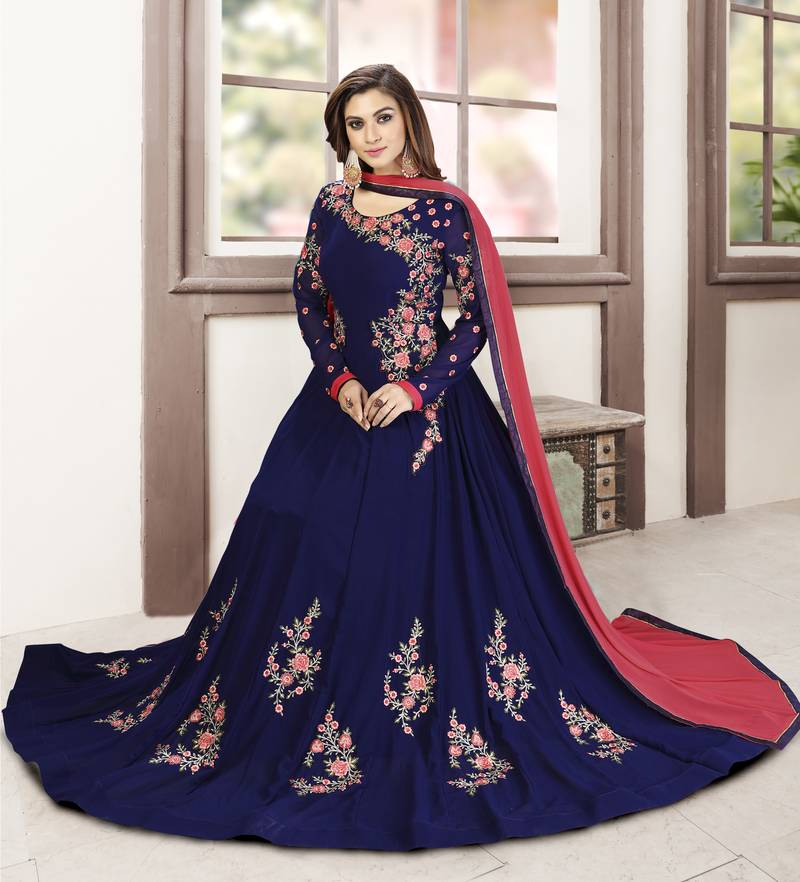 Blue Embroidered Anarkali Kurta Pant with Dupatta Salwar Suit Set