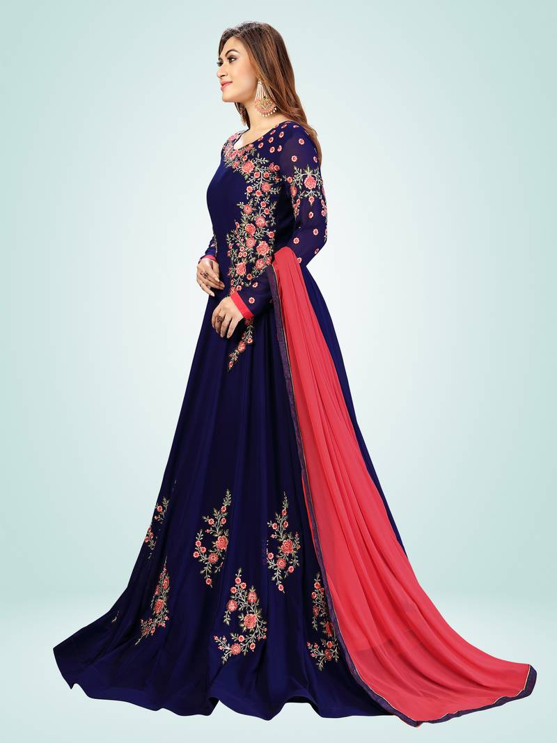 Blue Embroidered Anarkali Kurta Pant with Dupatta Salwar Suit Set