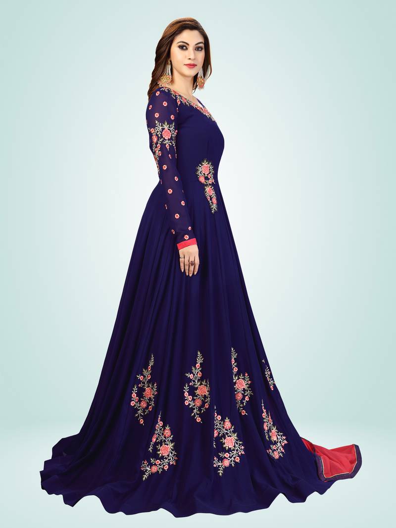 Blue Embroidered Anarkali Kurta Pant with Dupatta Salwar Suit Set