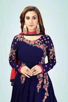 Trendmalls Blue Embroidered Anarkali Kurta Pant with Dupatta Salwar Suit Set