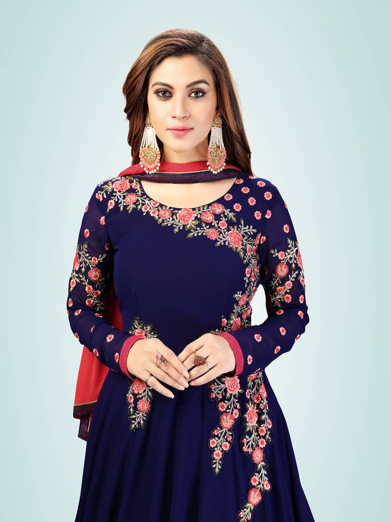 Blue Embroidered Anarkali Kurta Pant with Dupatta Salwar Suit Set