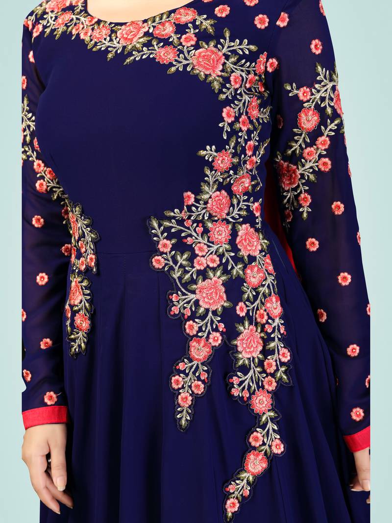 Blue Embroidered Anarkali Kurta Pant with Dupatta Salwar Suit Set