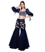 Featuring a Navy Blue Bustier With Puff Sleeve And Knife Pleated Organza Flare Palazzo