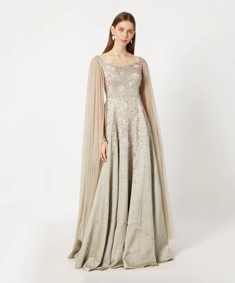 Olive Green Embroidered Net Gown 1