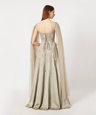 Olive Green Embroidered Net Gown 2