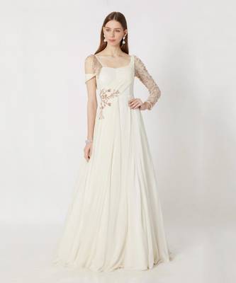 WHITE EMBROIDERED ONE SLEEVED GOWN 1