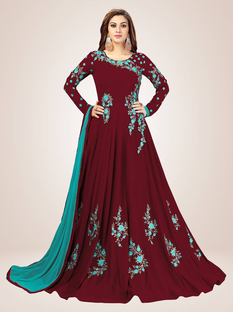 Blue Embroidered Anarkali Kurta Pant with Dupatta Salwar Suit Set