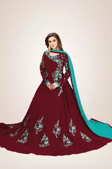 Trendmalls Blue Embroidered Anarkali Kurta Pant with Dupatta Salwar Suit Set
