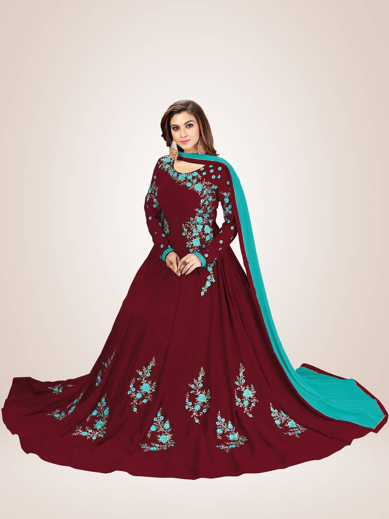 Blue Embroidered Anarkali Kurta Pant with Dupatta Salwar Suit Set