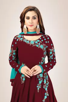 Trendmalls Blue Embroidered Anarkali Kurta Pant with Dupatta Salwar Suit Set