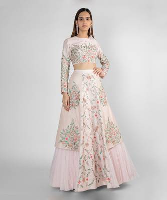 PEACH PINK PANELLED LEHENGA SKIRT WITH CROP TOP 1
