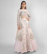 PEACH PINK PANELLED LEHENGA SKIRT WITH CROP TOP