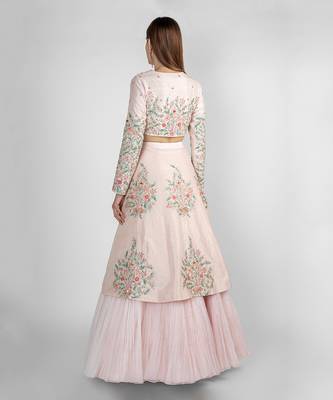 PEACH PINK PANELLED LEHENGA SKIRT WITH CROP TOP 2