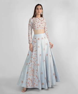 POWDER BLUE EMBROIDERED LEHENGA SKIRT WITH CROP TOP 1