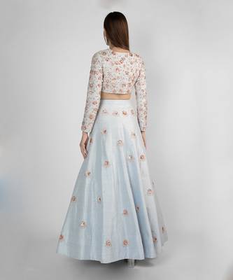 POWDER BLUE EMBROIDERED LEHENGA SKIRT WITH CROP TOP 2